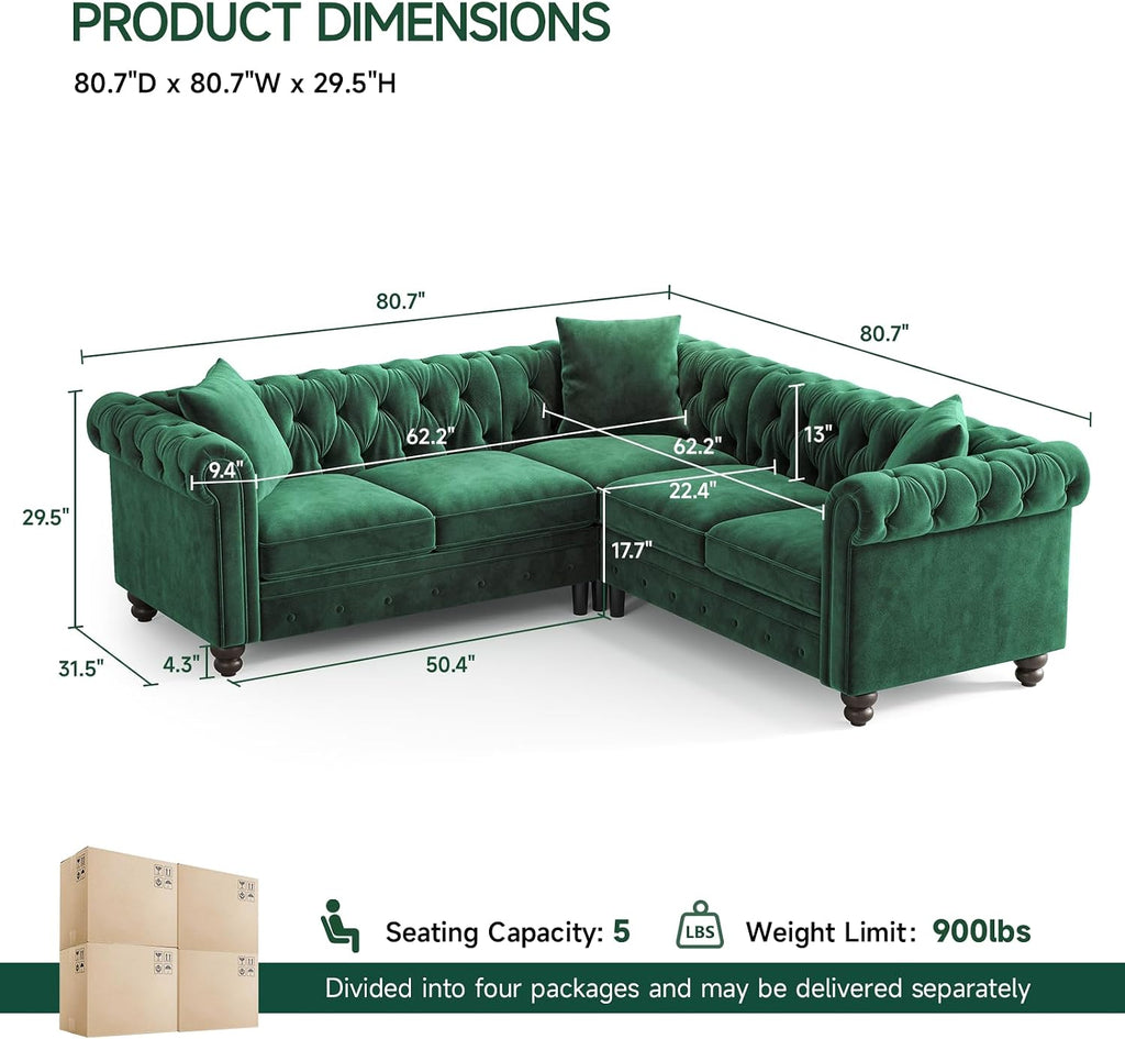 Velvet Tufted L‑Shaped Chesterfield Sofa