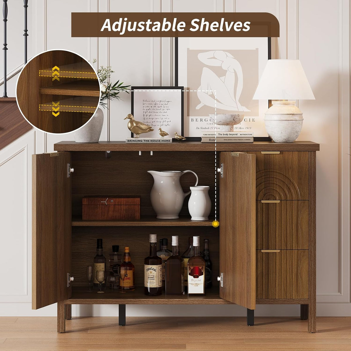 Fluted Wood Storage Sideboard Buffet Cabinet