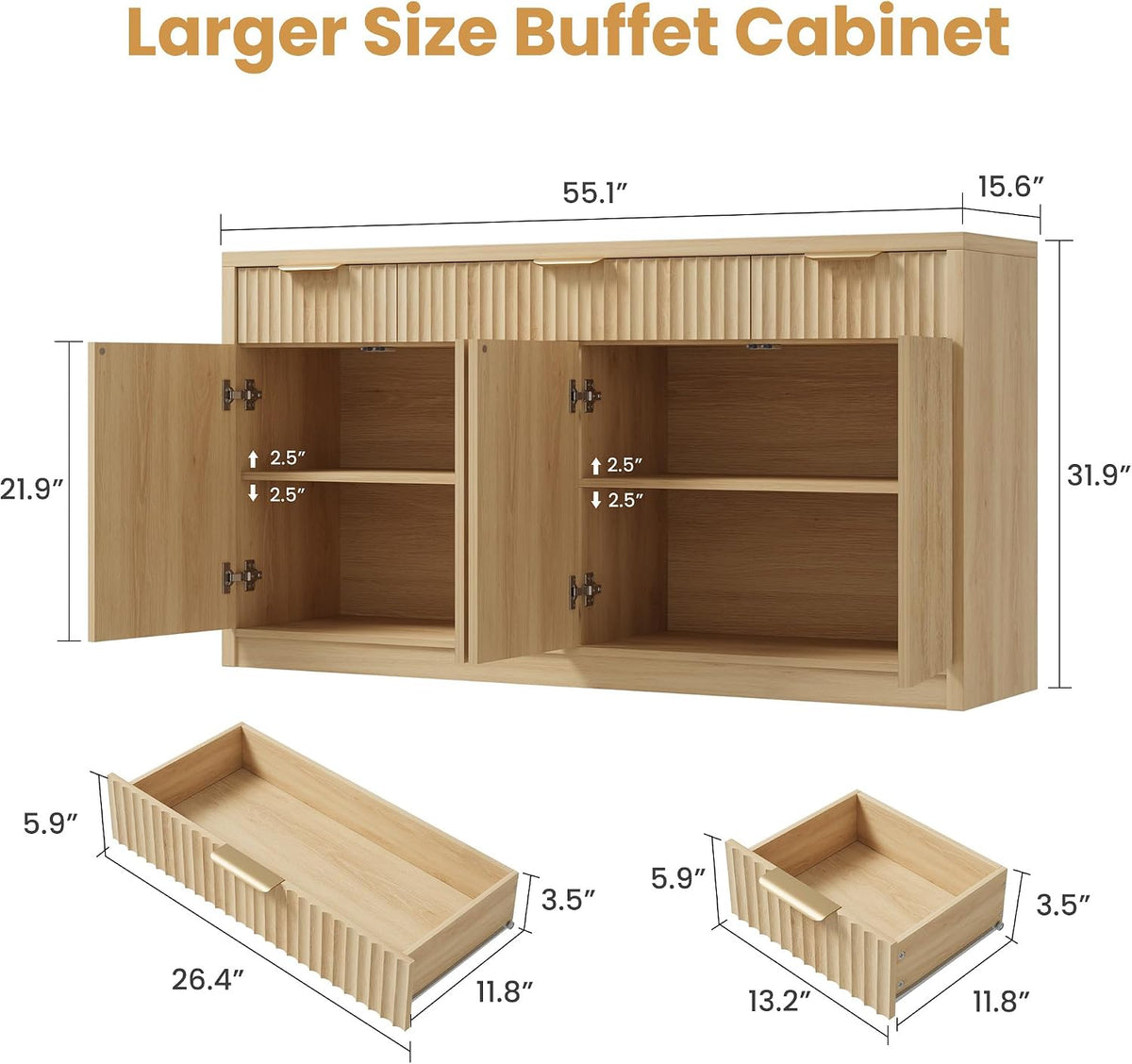 Modern Fluted Wood Buffet Sideboard Cabinet