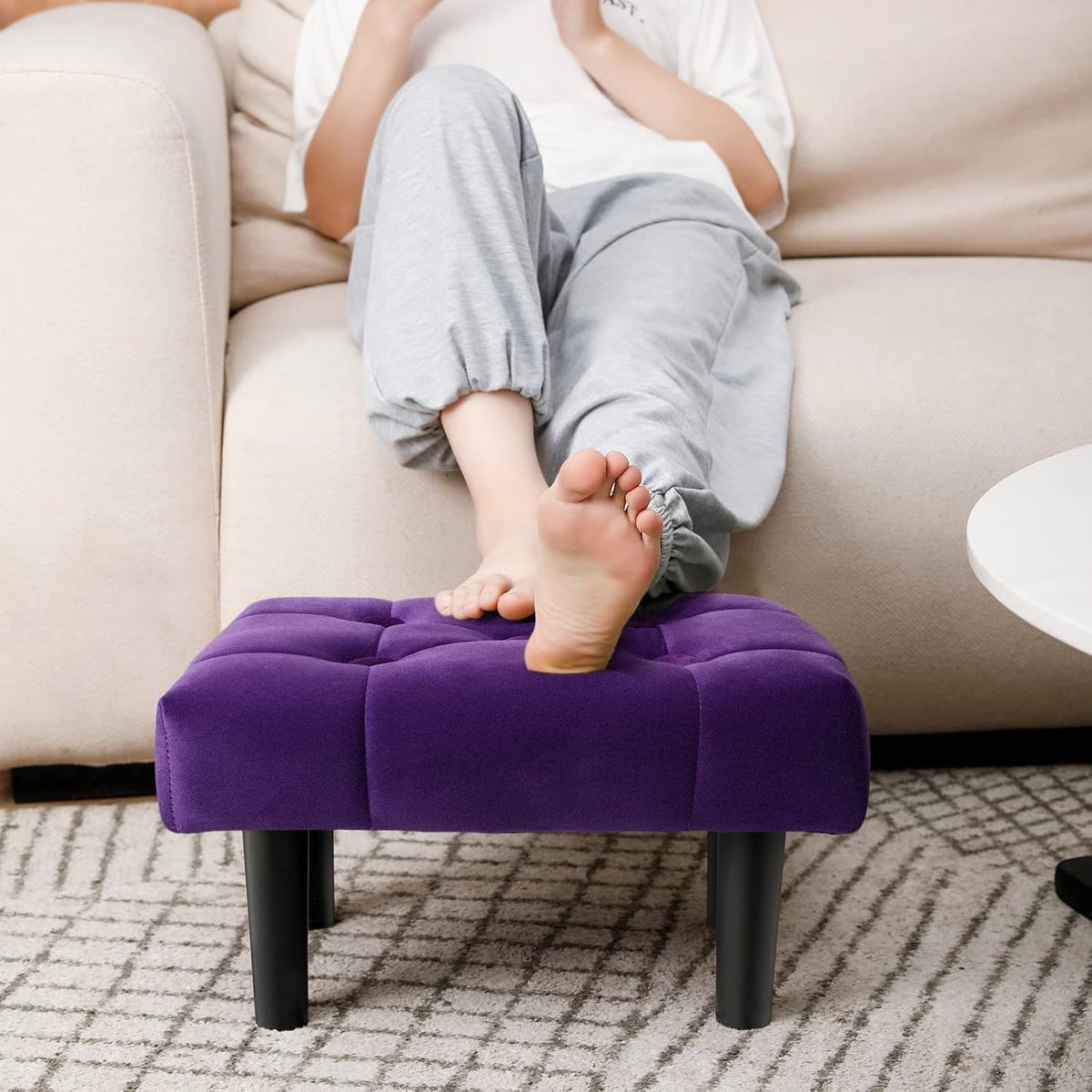 Velvet Wooden‑Leg Small Footstool Ottoman