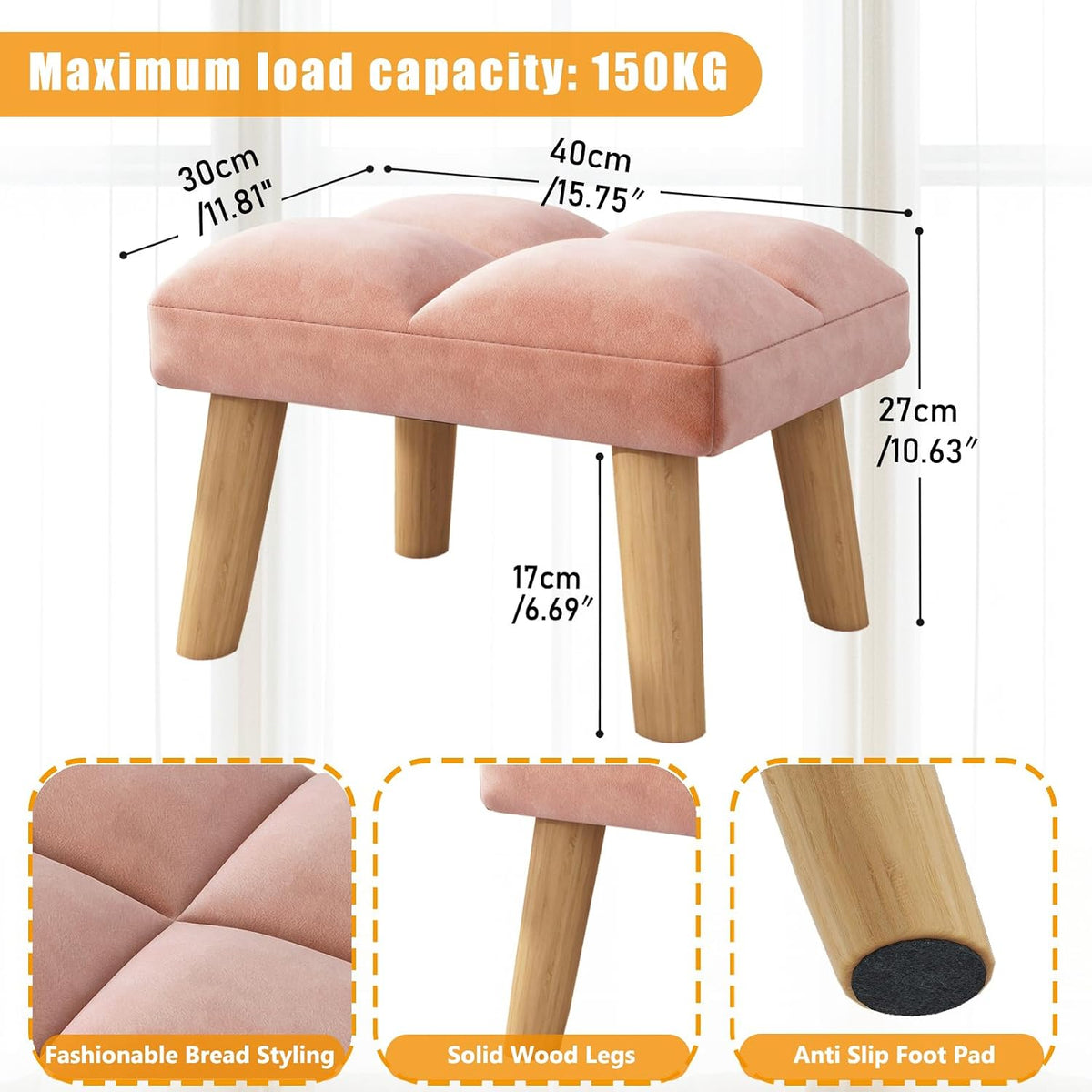 Modern Padded Wooden‑Leg Footstool Ottoman