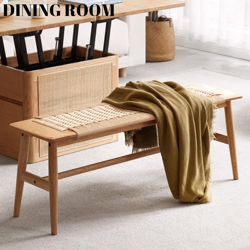 Solid Oak Rattan Woven Entryway Bench