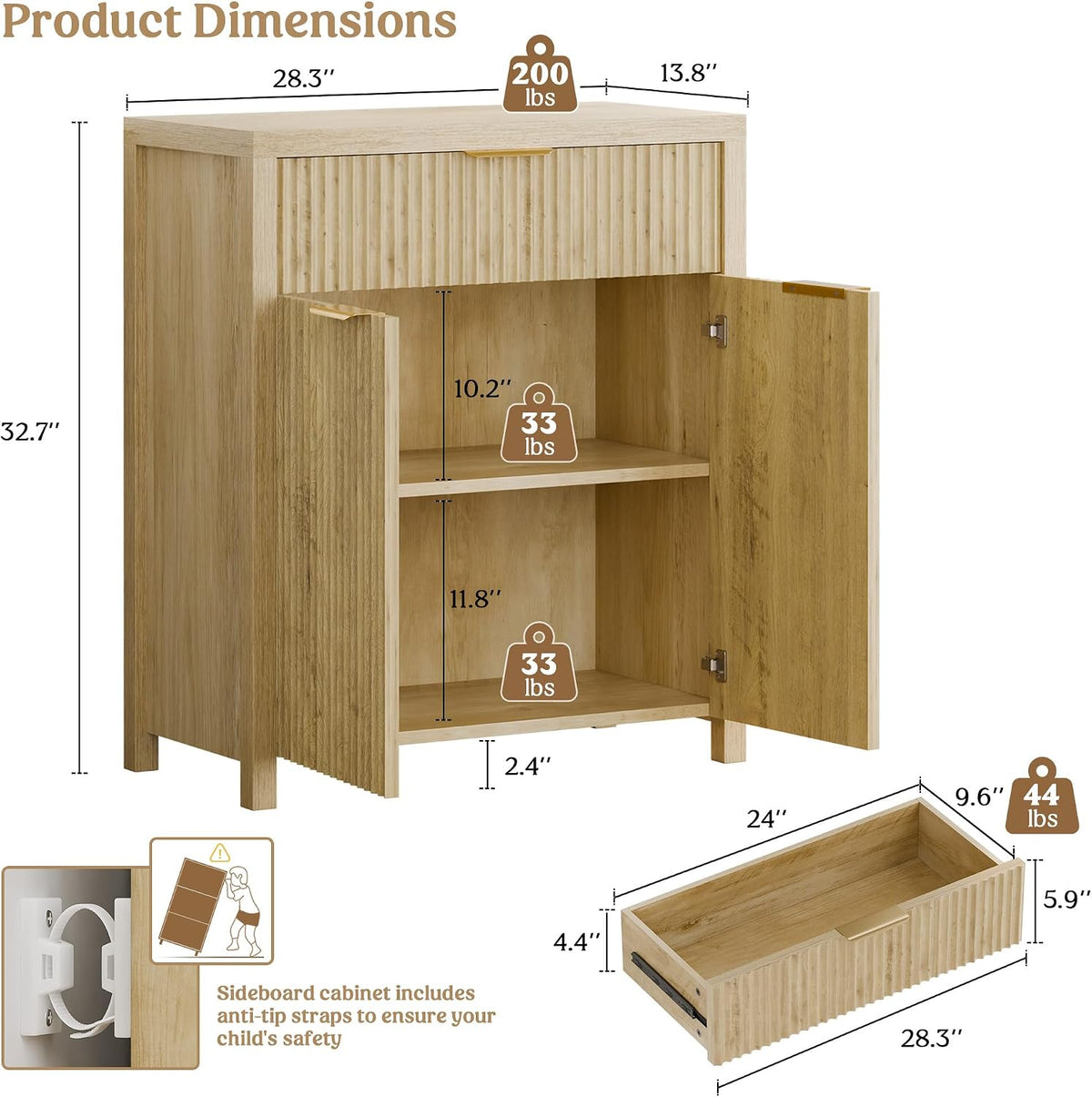 Fluted Wood Kitchen Buffet Sideboard Cabinet