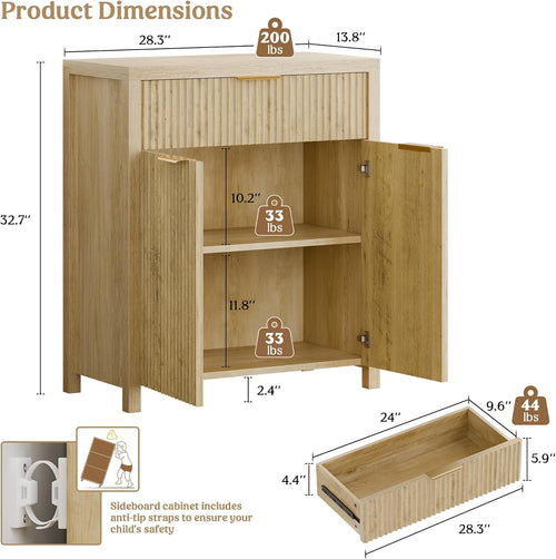 Fluted Wood Kitchen Buffet Sideboard Cabinet