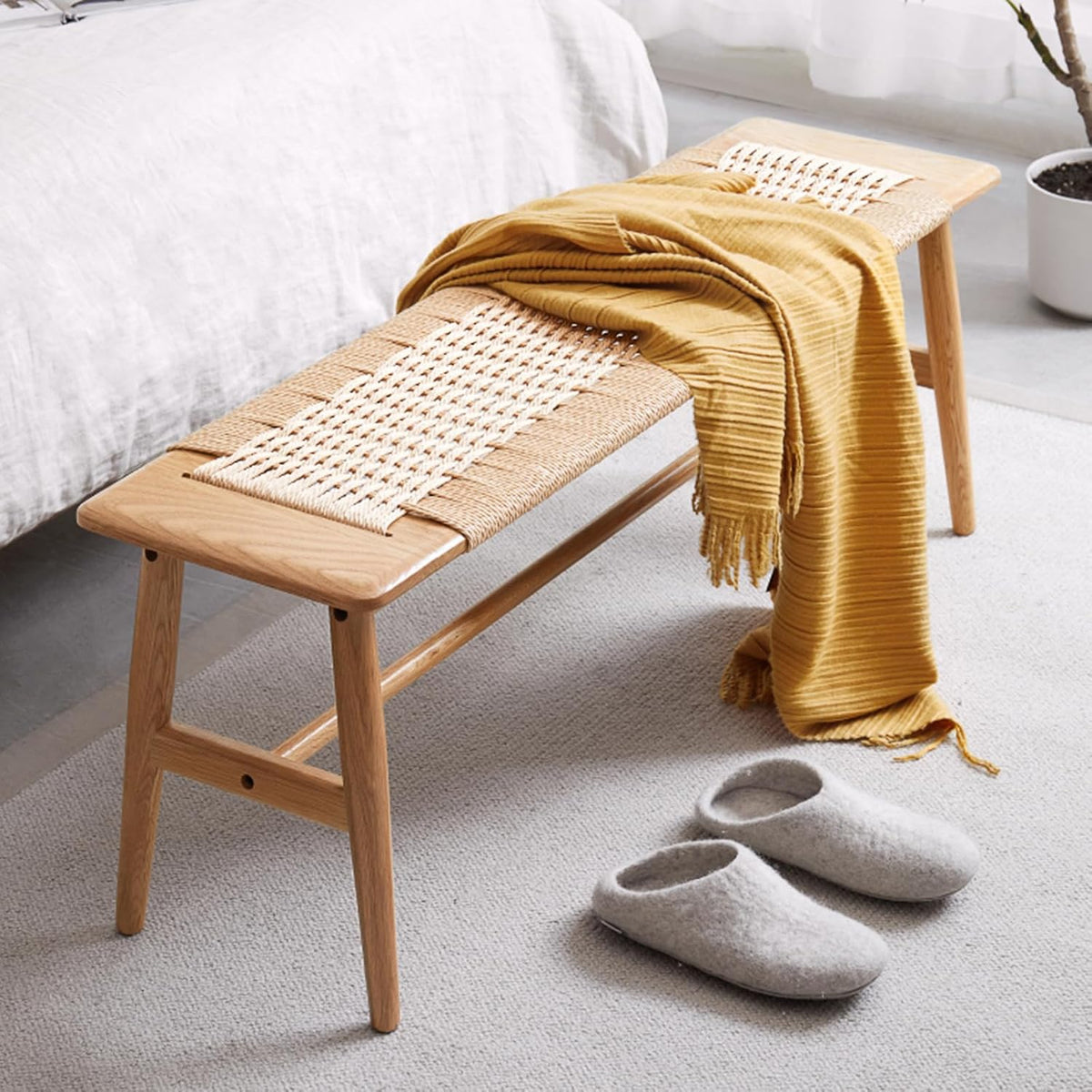 Solid Oak Rattan Woven Entryway Bench