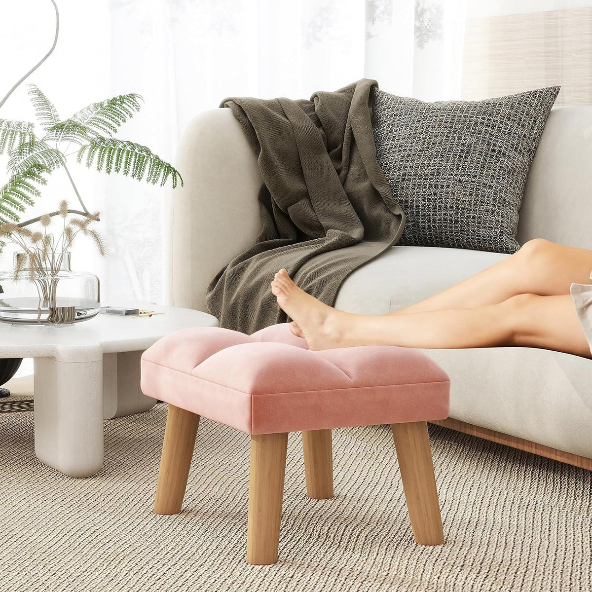 Modern Padded Wooden‑Leg Footstool Ottoman