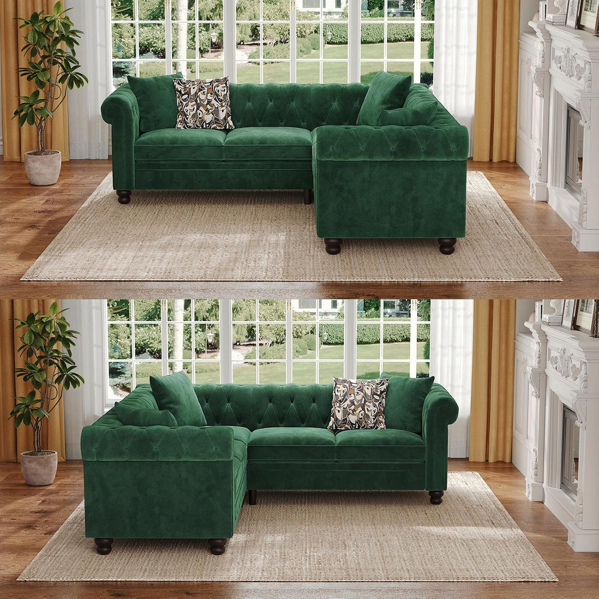 Velvet Tufted L‑Shaped Chesterfield Sofa