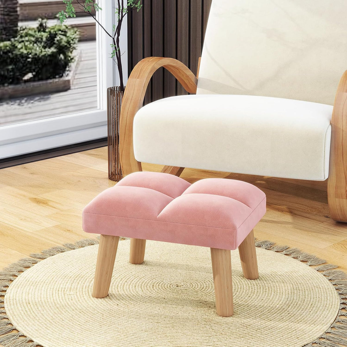 Modern Padded Wooden‑Leg Footstool Ottoman