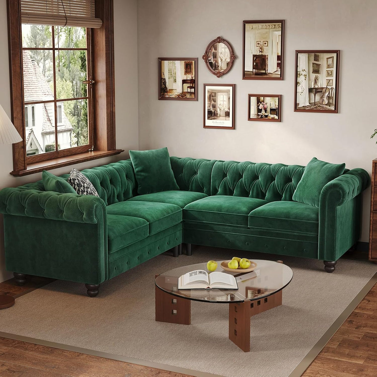 Velvet Tufted L‑Shaped Chesterfield Sofa