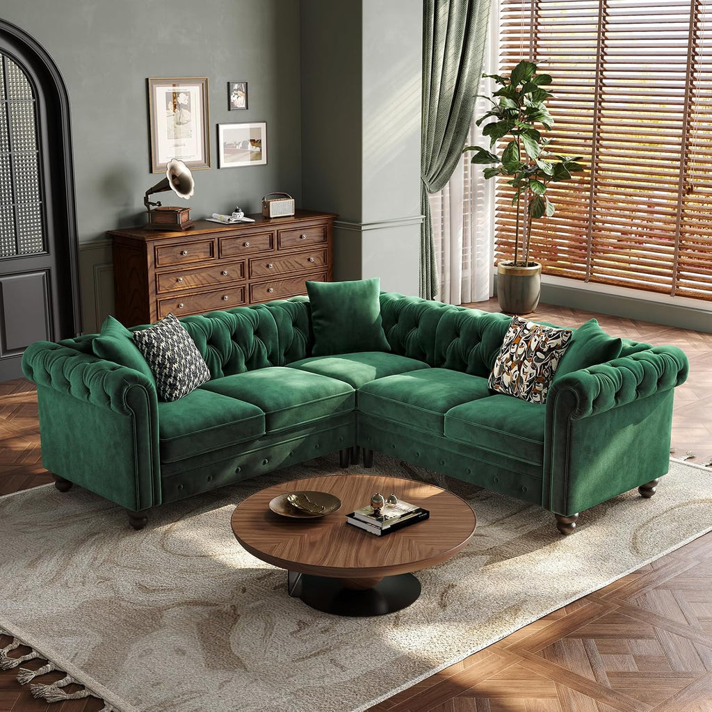Velvet Tufted L‑Shaped Chesterfield Sofa