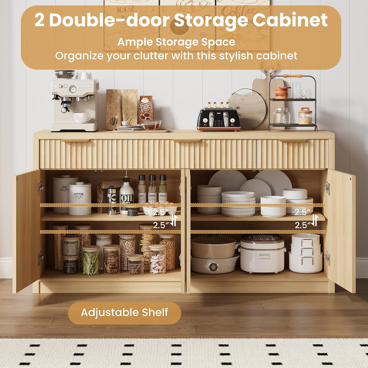 Modern Fluted Wood Buffet Sideboard Cabinet