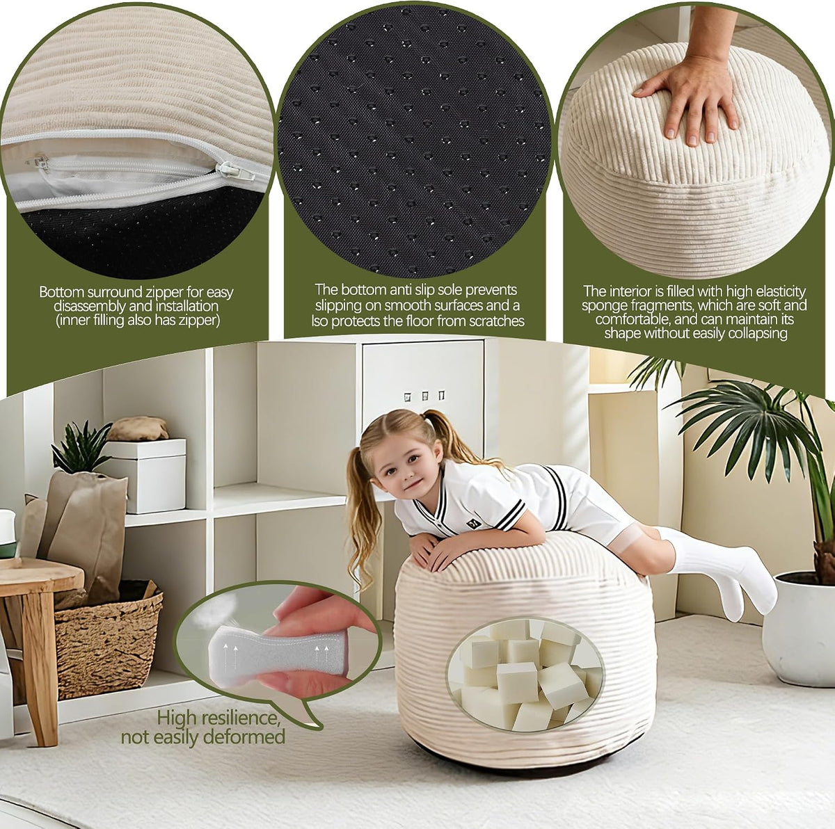 Corduroy Round Stuffed Pouf Ottoman