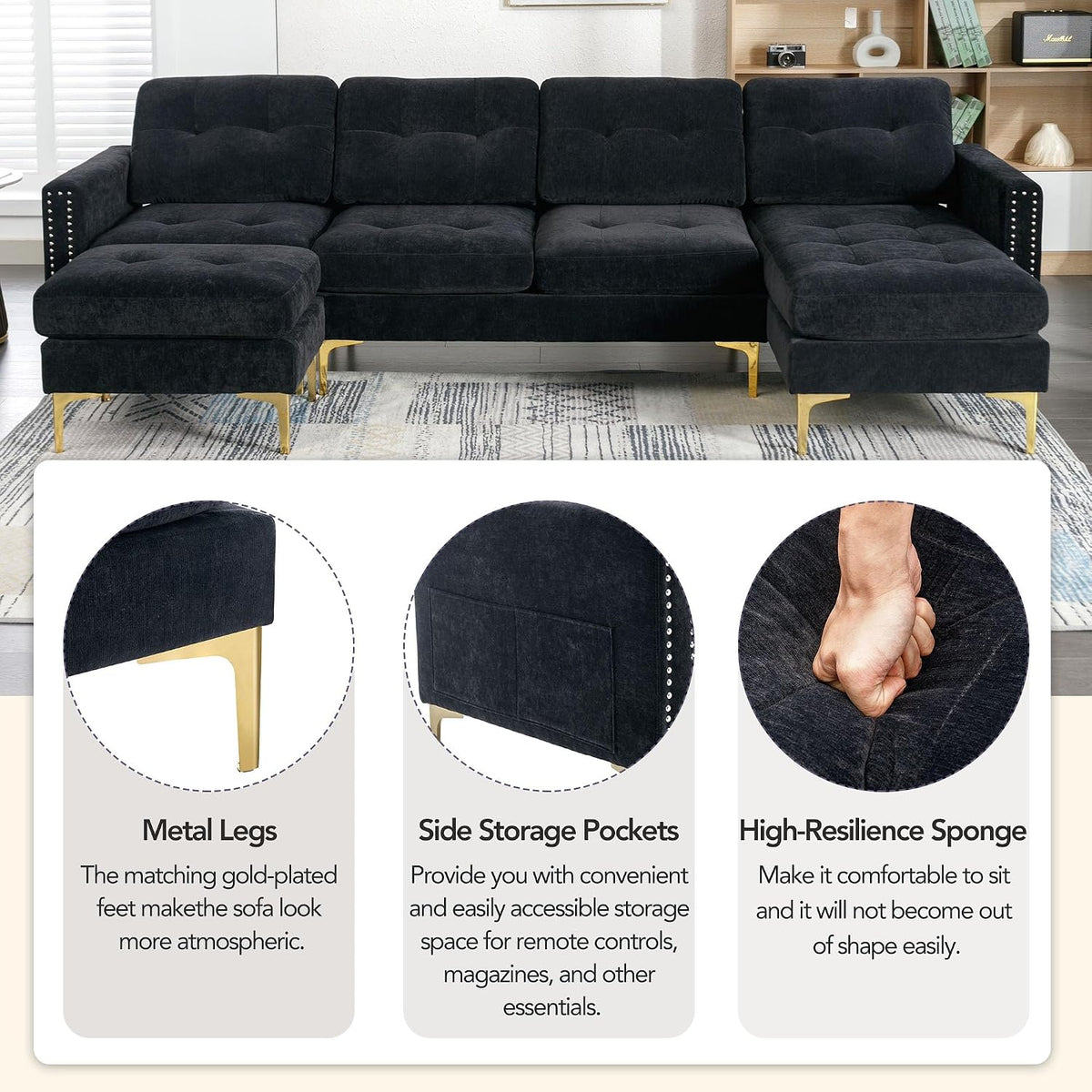 Modern Velvet U‑Shape Sectional Sofa
