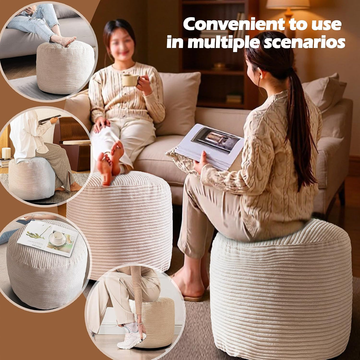 Corduroy Round Stuffed Pouf Ottoman