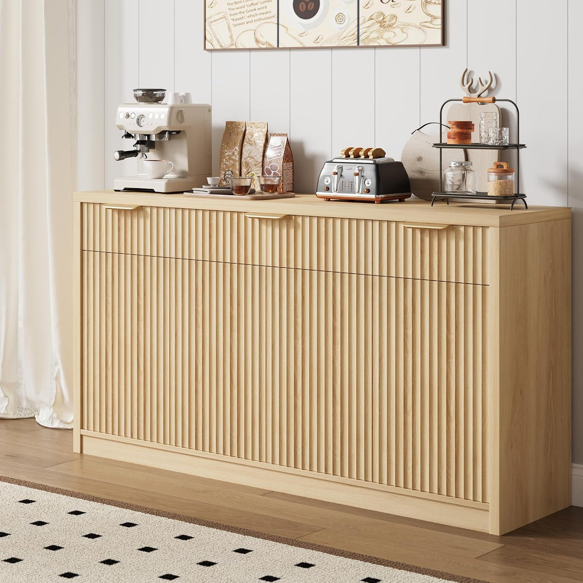 Modern Fluted Wood Buffet Sideboard Cabinet