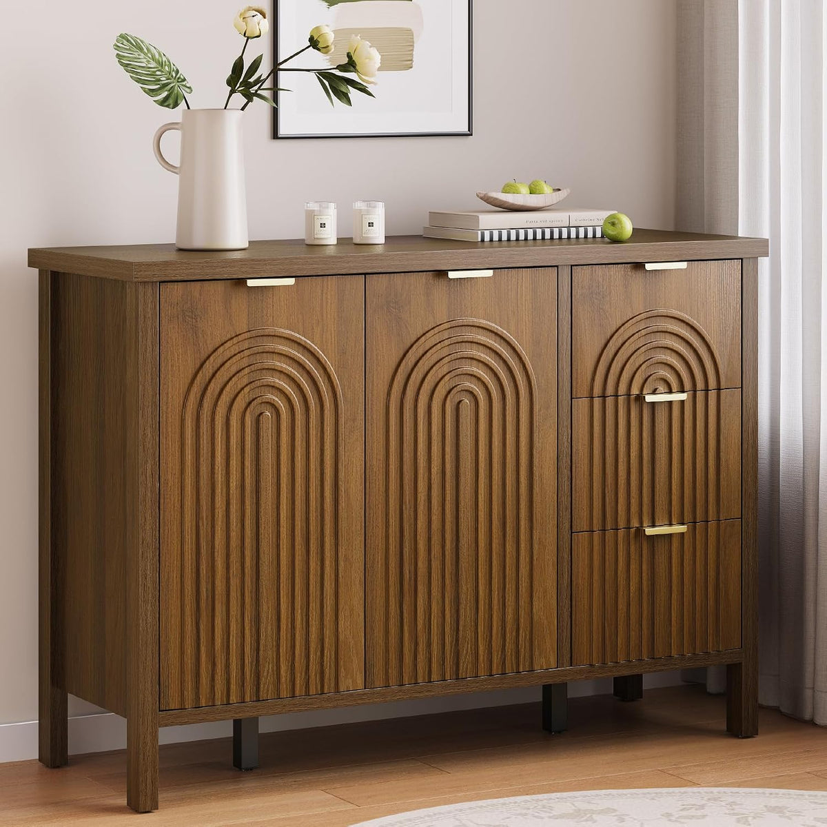 Fluted Wood Storage Sideboard Buffet Cabinet