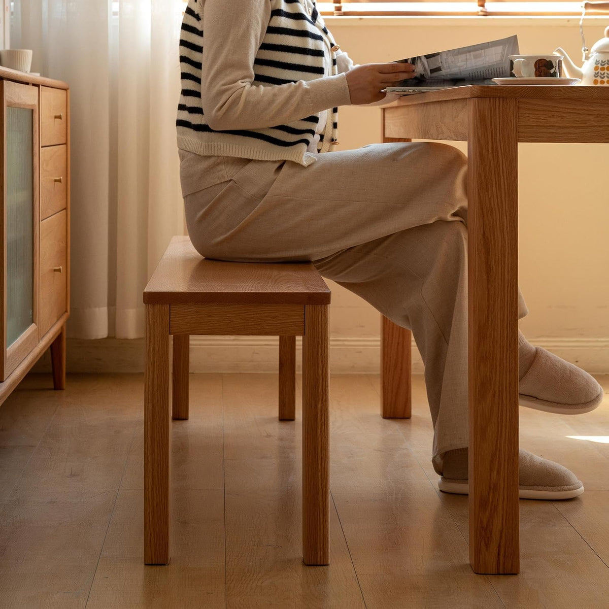 Rectangular Solid Oak Wood Dining Bench
