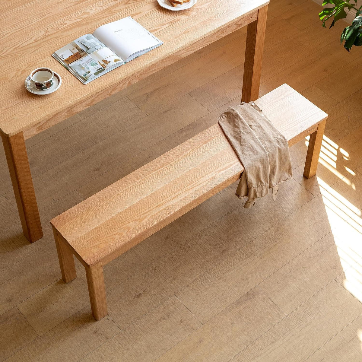 Rectangular Solid Oak Wood Dining Bench
