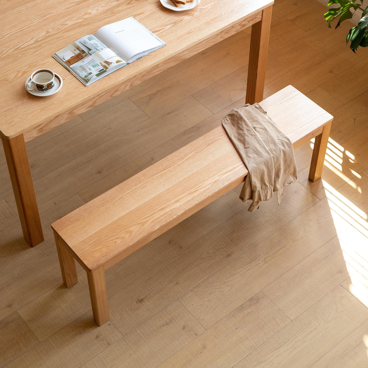Rectangular Solid Oak Wood Dining Bench