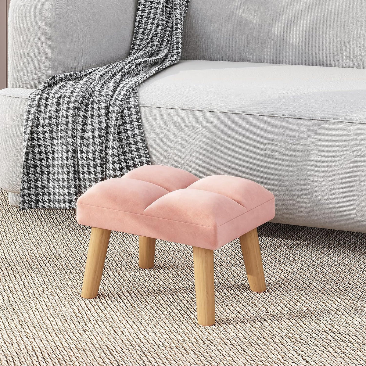 Modern Padded Wooden‑Leg Footstool Ottoman